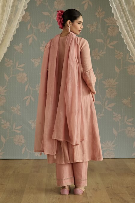 Shop Kritika Dawar Pink Chanderi, Cotton Embroidery Round Neck Sairah Kota Hand Kurta Set at Aza Fashions Shop_Kritika Dawar_Pink Chanderi, Cotton Embroidery Round Neck Sairah Kota Hand Kurta Set _at_Aza_Fashions