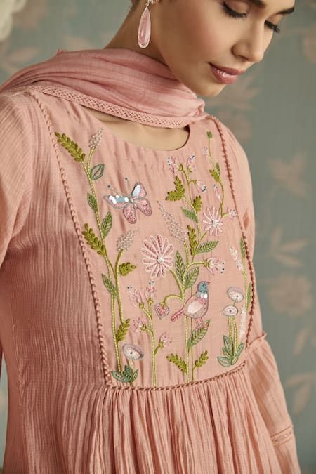 Kritika Dawar Pink Chanderi, Cotton Embroidery Round Neck Sairah Kota Hand Kurta Set at Aza Fashions Kritika Dawar_Pink Chanderi, Cotton Embroidery Round Neck Sairah Kota Hand Kurta Set _at_Aza_Fashions