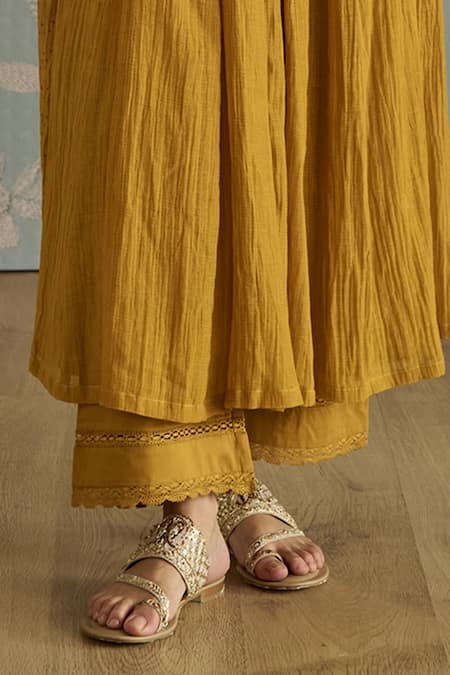 Kritika Dawar Mustard Chanderi, Cotton Embroidery Round Neck Sairah Kota Hand Kurta Set Online at Aza Fashions Kritika Dawar_Mustard Chanderi, Cotton Embroidery Round Neck Sairah Kota Hand Kurta Set _Online_at_Aza_Fashions