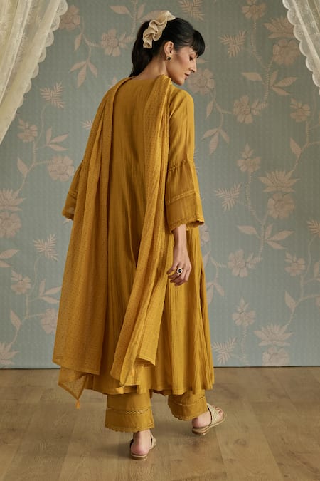 Shop Kritika Dawar Mustard Chanderi, Cotton Embroidery Round Neck Sairah Kota Hand Kurta Set at Aza Fashions Shop_Kritika Dawar_Mustard Chanderi, Cotton Embroidery Round Neck Sairah Kota Hand Kurta Set _at_Aza_Fashions