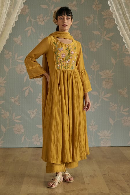 Kritika Dawar Mustard Chanderi, Cotton Embroidery Round Neck Sairah Kota Hand Kurta Set