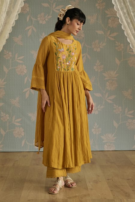 Buy Kritika Dawar Mustard Chanderi, Cotton Embroidery Round Neck Sairah Kota Hand Kurta Set Online at Aza Fashions Buy_Kritika Dawar_Mustard Chanderi, Cotton Embroidery Round Neck Sairah Kota Hand Kurta Set _Online_at_Aza_Fashions