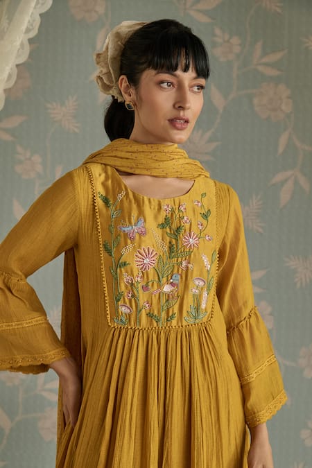 Shop Kritika Dawar Mustard Chanderi, Cotton Embroidery Round Neck Sairah Kota Hand Kurta Set Online at Aza Fashions Shop_Kritika Dawar_Mustard Chanderi, Cotton Embroidery Round Neck Sairah Kota Hand Kurta Set _Online_at_Aza_Fashions