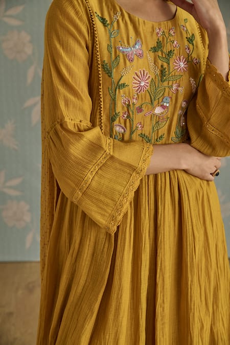 Kritika Dawar Mustard Chanderi, Cotton Embroidery Round Neck Sairah Kota Hand Kurta Set at Aza Fashions Kritika Dawar_Mustard Chanderi, Cotton Embroidery Round Neck Sairah Kota Hand Kurta Set _at_Aza_Fashions