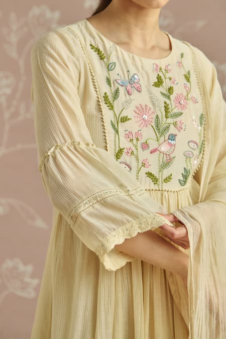 Shop Kritika Dawar Ivory Chanderi, Cotton Embroidery Round Neck Sairah Kota Hand Kurta Set Online at Aza Fashions Shop_Kritika Dawar_Ivory Chanderi, Cotton Embroidery Round Neck Sairah Kota Hand Kurta Set _Online_at_Aza_Fashions