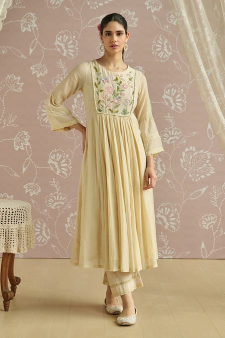 Buy Kritika Dawar Ivory Chanderi, Cotton Embroidery Round Neck Sairah Kota Hand Kurta Set Buy_Kritika Dawar_Ivory Chanderi, Cotton Embroidery Round Neck Sairah Kota Hand Kurta Set