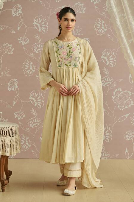 Shop Kritika Dawar Ivory Chanderi, Cotton Embroidery Round Neck Sairah Kota Hand Kurta Set Shop_Kritika Dawar_Ivory Chanderi, Cotton Embroidery Round Neck Sairah Kota Hand Kurta Set