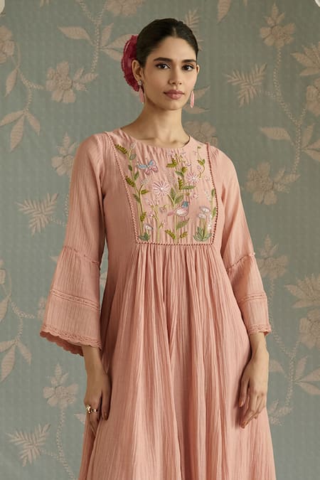 Shop Kritika Dawar Pink Chanderi Embroidery Round Neck Sairah Hand Tunic at Aza Fashions Shop_Kritika Dawar_Pink Chanderi Embroidery Round Neck Sairah Hand Tunic _at_Aza_Fashions