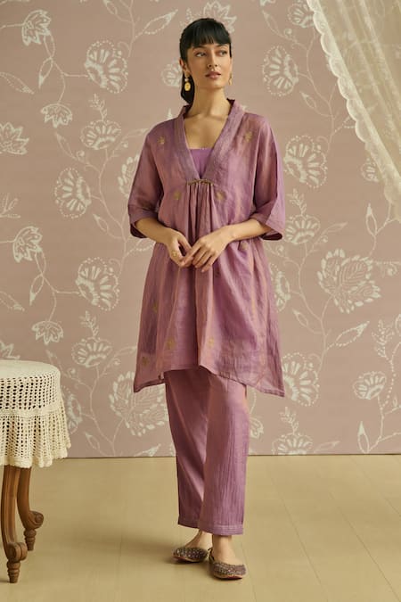 Kritika Dawar Purple Tissue Embroidery V-neck Noora Hand Kaftan Set 