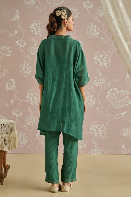 Shop Kritika Dawar Teal Chanderi Embroidery V-neck Aya Kaftan Set at Aza Fashions Shop_Kritika Dawar_Teal Chanderi Embroidery V-neck Aya Kaftan Set _at_Aza_Fashions
