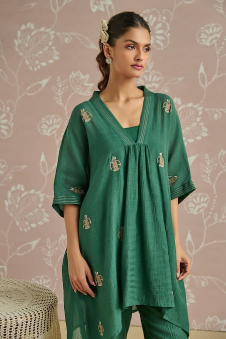 Shop Kritika Dawar Teal Chanderi Embroidery V-neck Aya Kaftan Set Online at Aza Fashions Shop_Kritika Dawar_Teal Chanderi Embroidery V-neck Aya Kaftan Set _Online_at_Aza_Fashions
