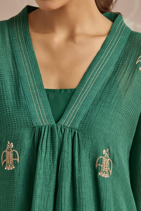 Kritika Dawar Teal Chanderi Embroidery V-neck Aya Kaftan Set at Aza Fashions Kritika Dawar_Teal Chanderi Embroidery V-neck Aya Kaftan Set _at_Aza_Fashions