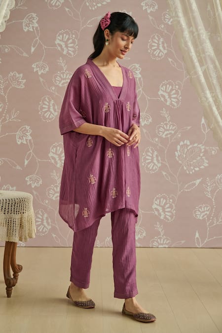 Shop_Kritika Dawar_Purple Chanderi Embroidery V-neck Aya Bird Kaftan Set _Online_at_Aza_Fashions
