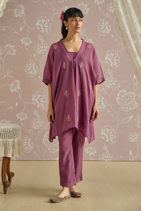 Kritika Dawar Purple Chanderi Embroidery V-neck Aya Bird Kaftan Set 