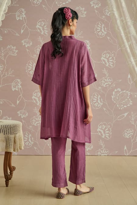 Shop_Kritika Dawar_Purple Chanderi Embroidery V-neck Aya Bird Kaftan Set _at_Aza_Fashions