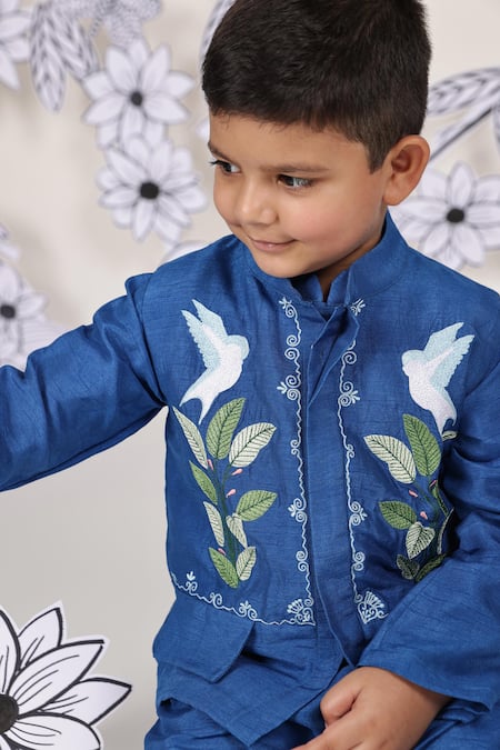 LA Dee DA_Blue Bemberg, Silk, Cotton Embroidery Royal Wings And Bird Bundi Set _Online_at_Aza_Fashions