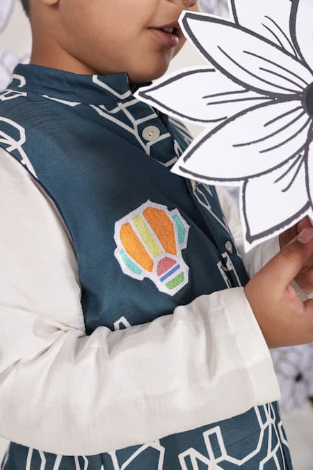 LA Dee DA_Teal Muslin, Silk, Cotton Embroidery Tribe Print Nehru Jacket Set _Online_at_Aza_Fashions