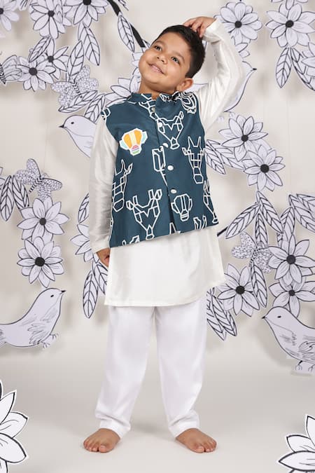 LA Dee DA Teal Muslin, Silk, Cotton Embroidery Tribe Print Nehru Jacket Set
