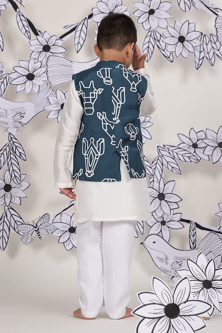 LA Dee DA Teal Tribe Print Nehru Jacket Set 
