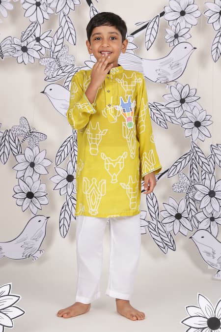 LA Dee DA Yellow Muslin, Cotton Embroidery Safari Animal Print Kurta Set 