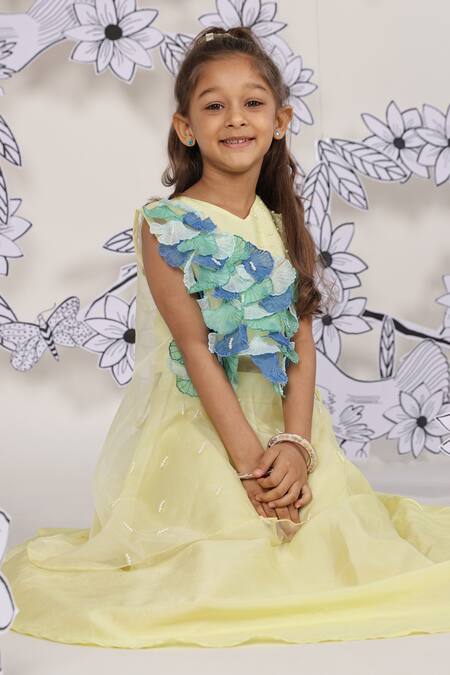 LA Dee DA_Yellow Silk, Organza, Bamboo 3d Mermaid Bloom Blouse Lehenga Set _Online_at_Aza_Fashions