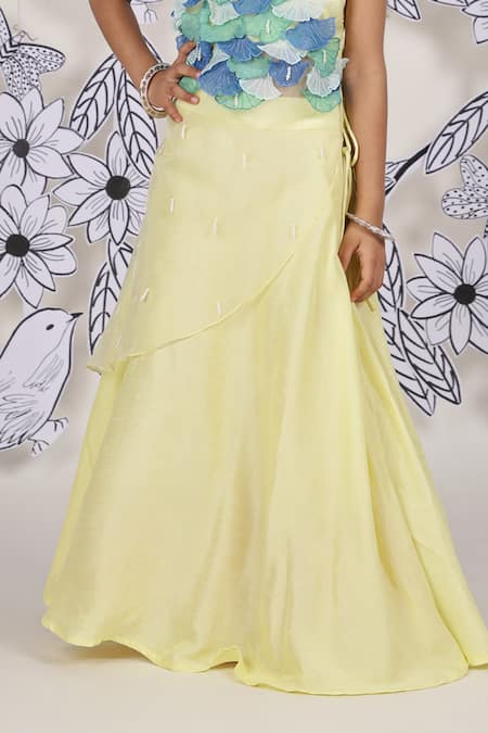 Buy_LA Dee DA_Yellow Silk, Organza, Bamboo 3d Mermaid Bloom Blouse Lehenga Set _Online_at_Aza_Fashions