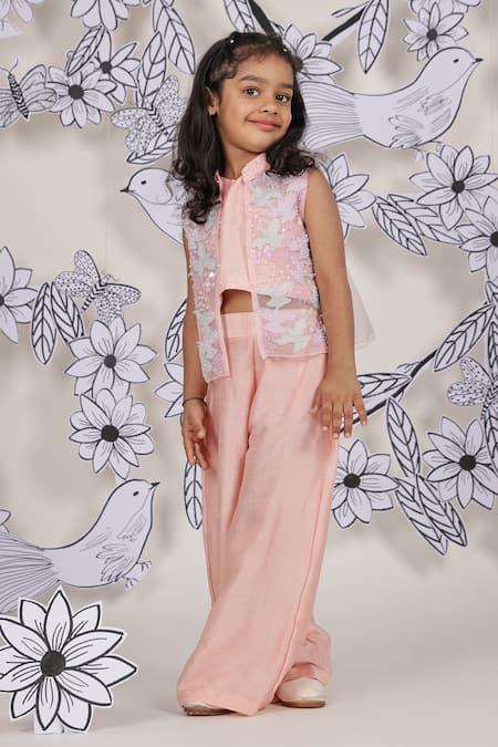 LA Dee DA Peach Silk, Organza Pearls, Sequins Embroidered Jacket Palazzo Set 
