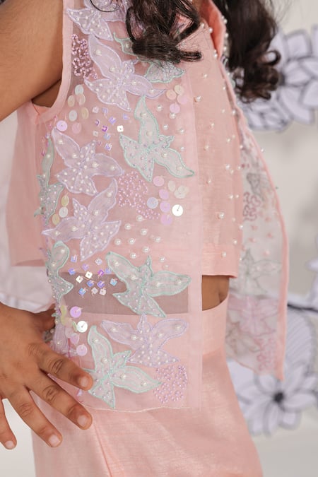 Buy_LA Dee DA_Peach Silk, Organza Pearls, Sequins Embroidered Jacket Palazzo Set _Online_at_Aza_Fashions
