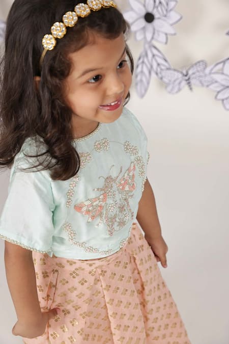 LA Dee DA_Blue Chanderi, Silk Pearls, Zari Bee Embroidered Top With Skirt _Online_at_Aza_Fashions