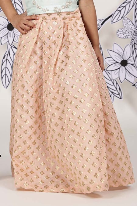 Buy_LA Dee DA_Blue Chanderi, Silk Pearls, Zari Bee Embroidered Top With Skirt _Online_at_Aza_Fashions