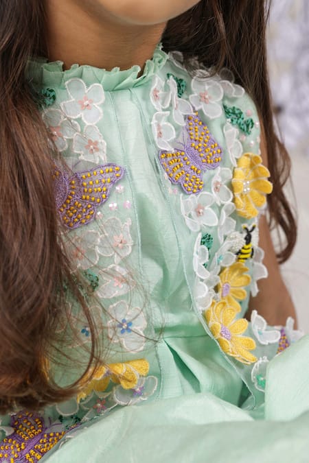 LA Dee DA_Mint Silk, Organza Embroidery 3d Floral Jumpsuit _Online_at_Aza_Fashions