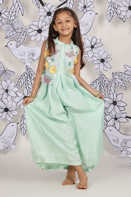 LA Dee DA Mint Silk, Organza Embroidery 3d Floral Jumpsuit