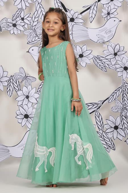 LA Dee DA Green Organza, Silk, Cotton Pearls Horse Parade Embroidered Gown 