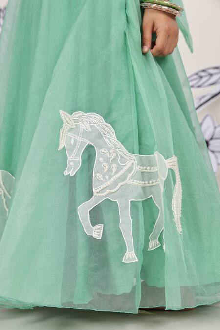 LA Dee DA_Green Organza, Silk, Cotton Pearls Horse Parade Embroidered Gown _Online_at_Aza_Fashions