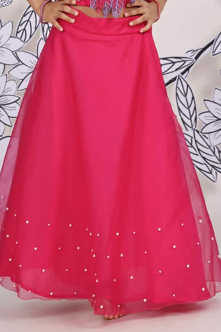 LA Dee DA_Pink Bemberg, Silk, Organza Pearls, Embroidery 3d Leaf Top With Skirt _Online_at_Aza_Fashions