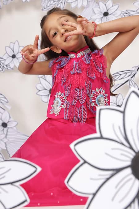 Buy_LA Dee DA_Pink Bemberg, Silk, Organza Pearls, Embroidery 3d Leaf Top With Skirt _Online_at_Aza_Fashions