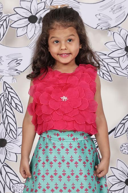 LA Dee DA_Pink Bemberg, Silk, Chanderi, Cotton Fabric Flowers 3d Top With Skirt _Online_at_Aza_Fashions
