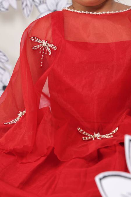 Buy_LA Dee DA_Red Bemberg, Silk Pearls, Sequins Dress With Dragonfly Cape _Online_at_Aza_Fashions