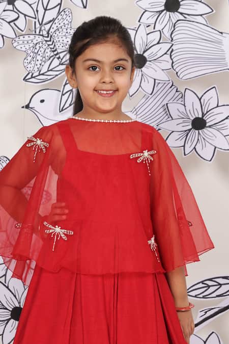 Shop_LA Dee DA_Red Bemberg, Silk Pearls, Sequins Dress With Dragonfly Cape _Online_at_Aza_Fashions