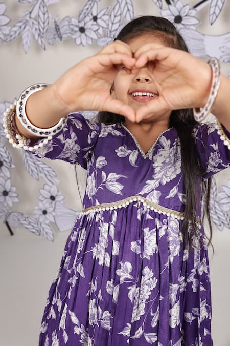 LA Dee DA_Purple Muslin Floral Kurta With Ruffle Pant _Online_at_Aza_Fashions