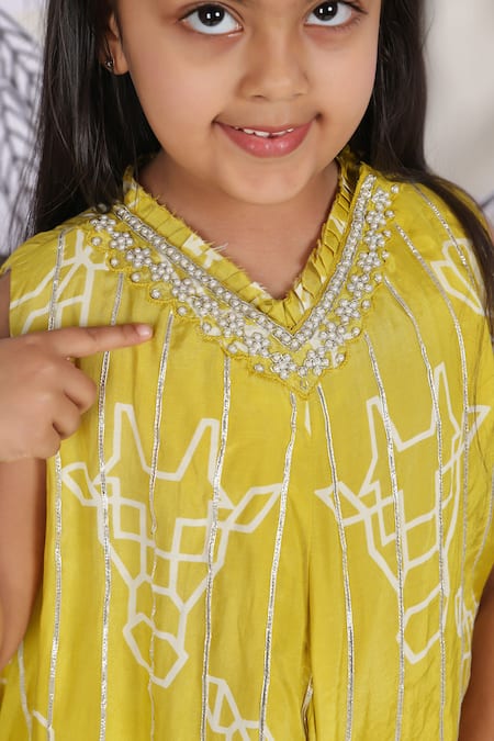 Buy_LA Dee DA_Yellow Muslin, Cotton Gota Patti Safari Print Kurta And Pant Set _Online_at_Aza_Fashions