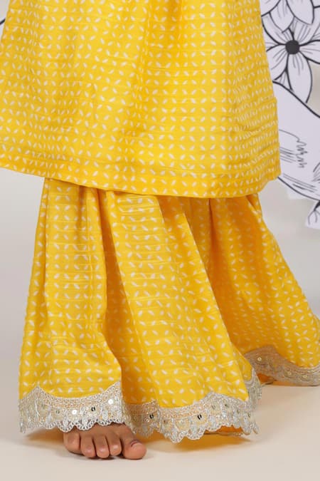 LA Dee DA_Yellow Muslin, Cotton Gota Patti Sunshine Sparkle Printed Kurta With Sharara _Online_at_Aza_Fashions
