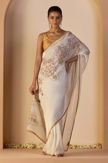 Sarang Kaur White Tissue, Silk Beads, Sequins Iqra Saree With Unstitched Blouse