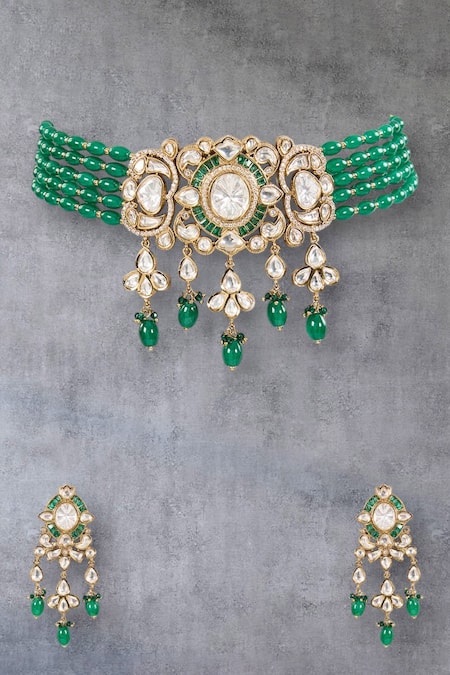 Auraa Trends Emerald Green Kundan Choker Necklace Set 
