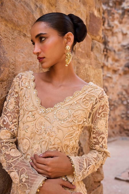 Awigna_Gold Net, Silk Sequins, Embroidery V-neck Champagne Short Kurta With Tulip Pant _Online_at_Aza_Fashions
