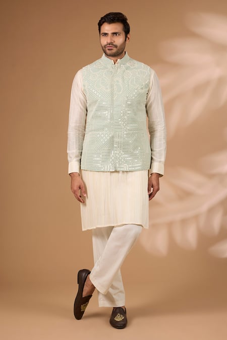 Rabani & Rakha Green Georgette, Cotton, Silk Sequins, Beads Embroidered Bundi Kurta Set