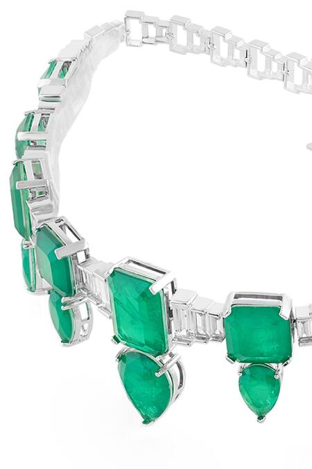 Buy_Isharya_Green Emerald Celestial Luxe Rhodium Plated Choker Necklace _Online_at_Aza_Fashions