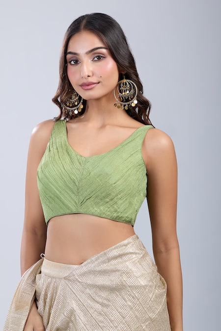 Samyukta Singhania Green Tissue Scoop Neck Sleeveless Textured Blouse 