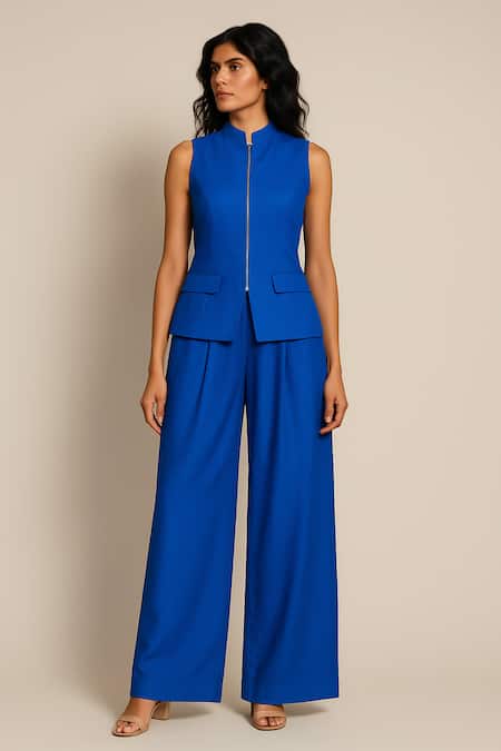 Ozel Blue Linen, Satin Mandarin Collar Top And Pant Set 