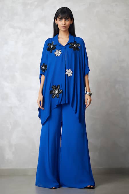 Nachiket Barve Blue Georgette Sequins, Fabric Flowers Collared Florencio Shirt And Pant Set 